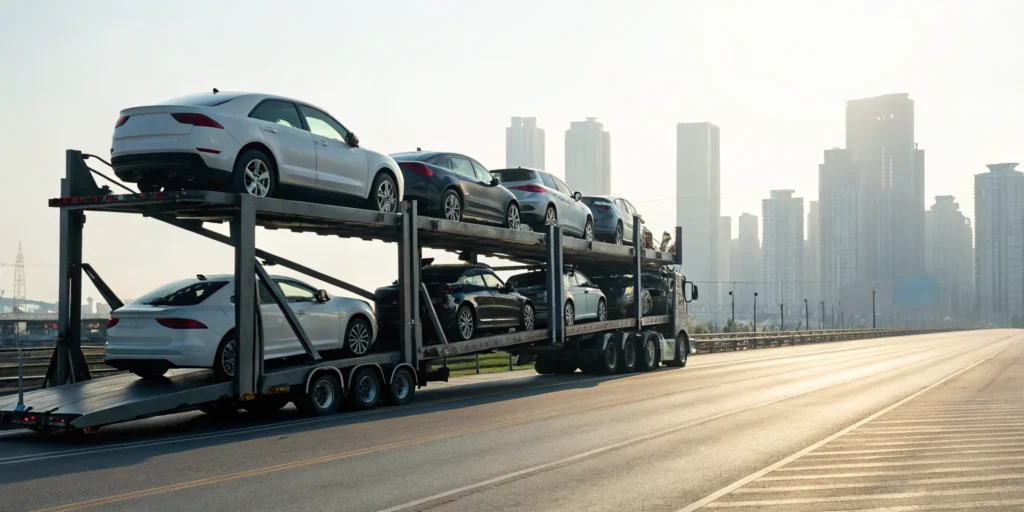 An auto transport truck from one of the best companies carrying several cars on the highway.
