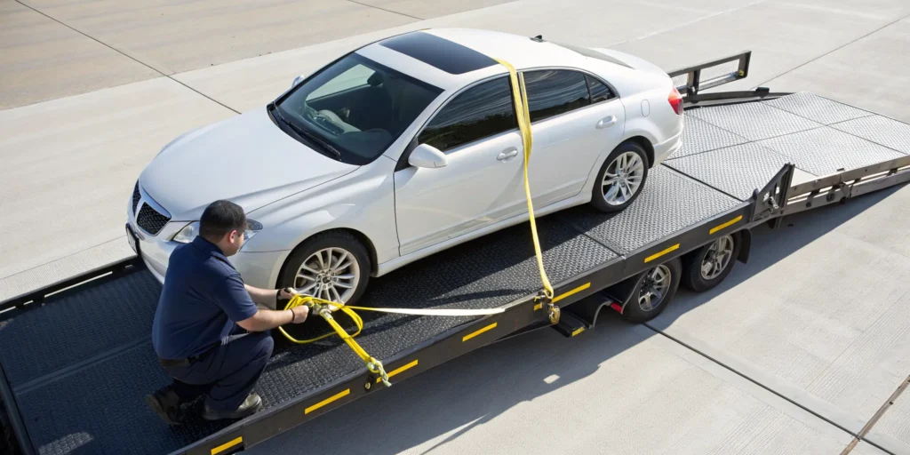 A car is secured on a transport trailer to ship a car direct.