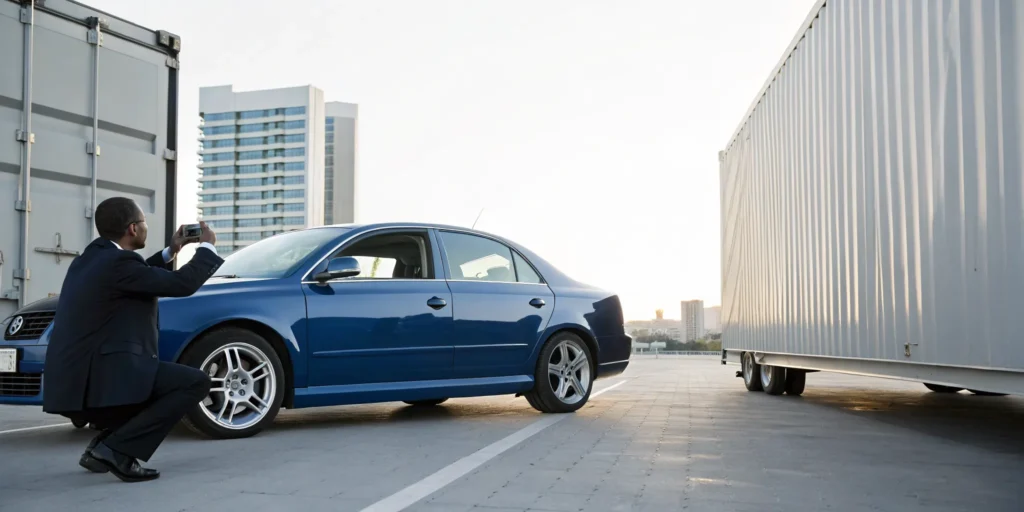 A man taking photos of his car to document its condition before shipping to another state.