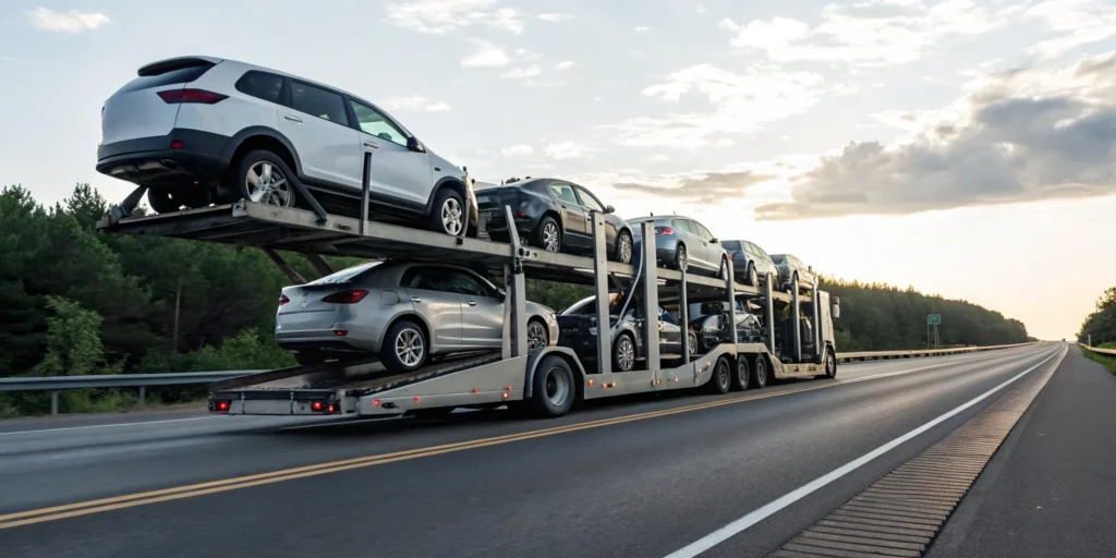Open transport car carrier shipping several vehicles on a highway.