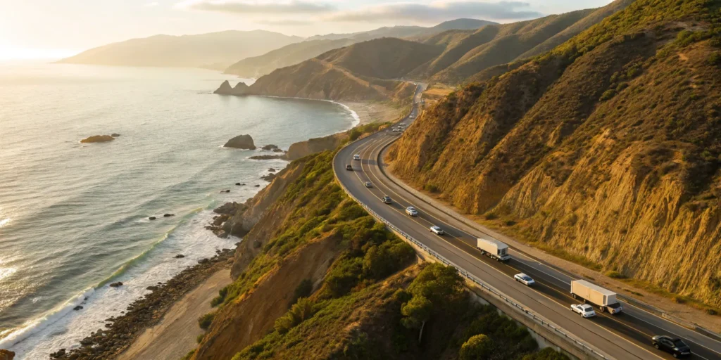 An auto shipping company's car carrier truck on a scenic California highway.
