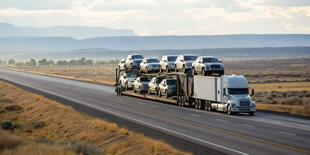 Auto transport truck for one of the best auto shipping companies in Texas on a highway.