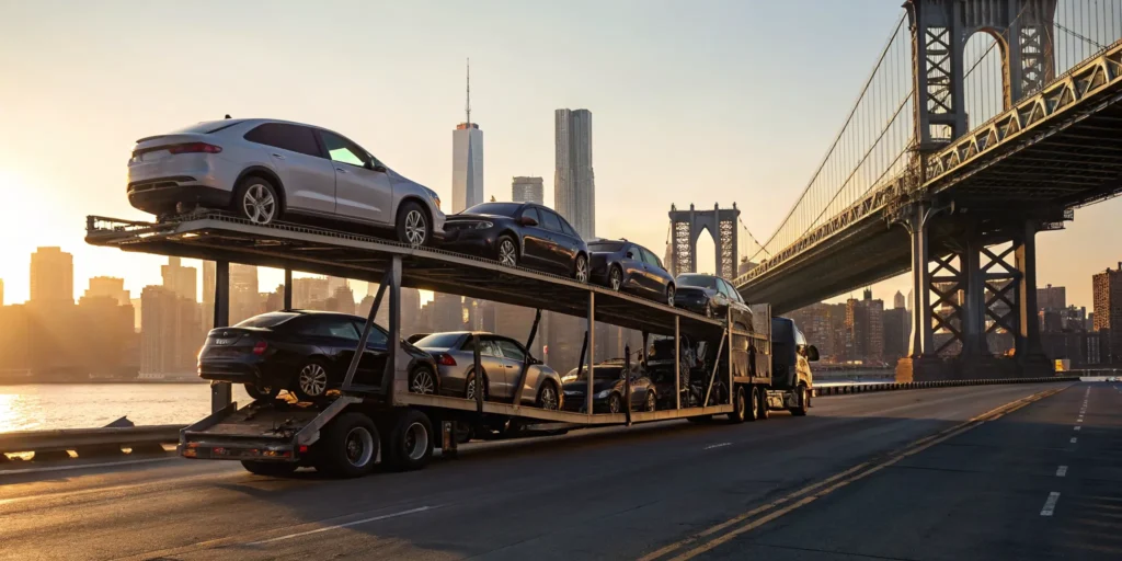 Auto shipping carrier transports new cars on a highway in New York.