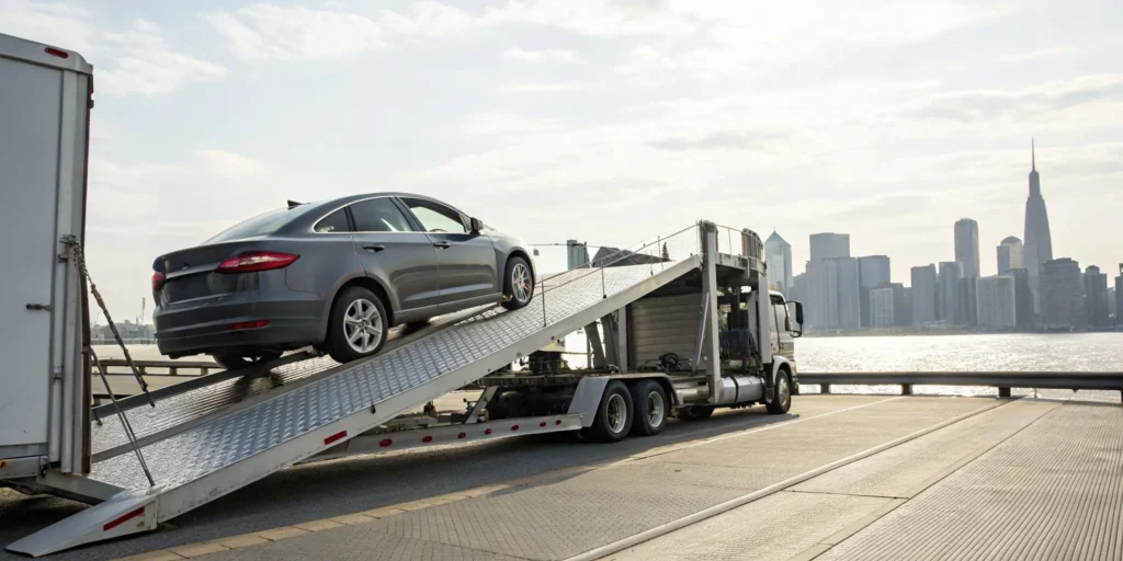 Car shipping in NYC as a vehicle is loaded onto a transport trailer.