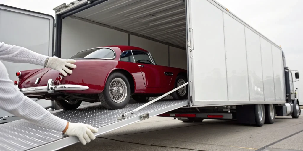 Enclosed trailer loading a collector car for secure shipping with white-glove service.