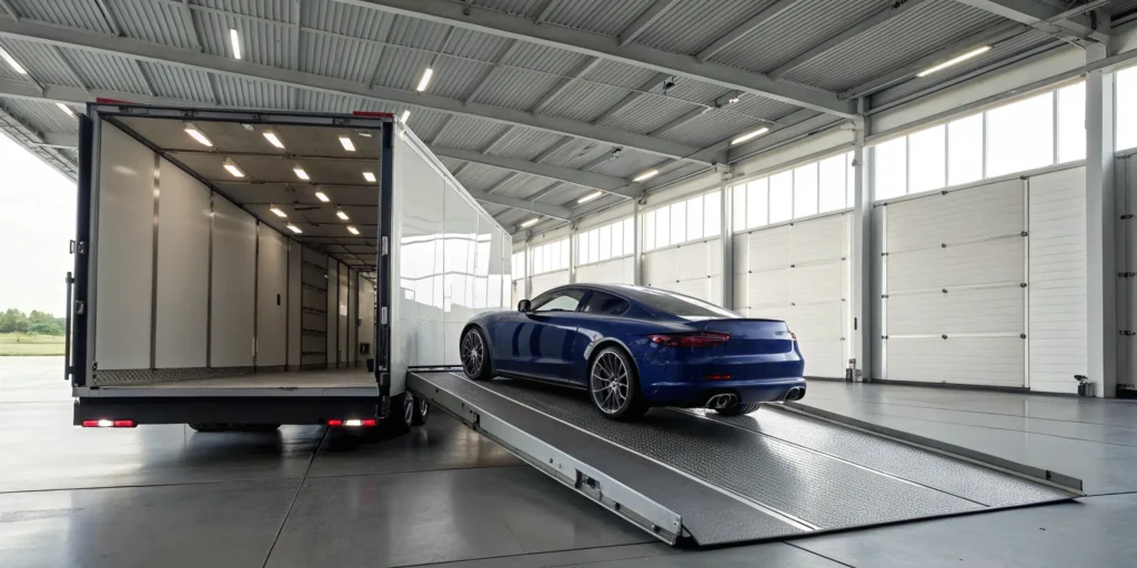Covered car transport service loading a luxury blue sports car into an enclosed trailer.