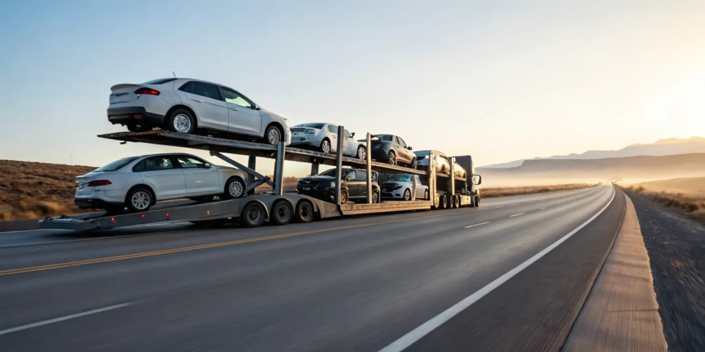 Car carrier truck loaded with vehicles for a cross country vehicle transport.