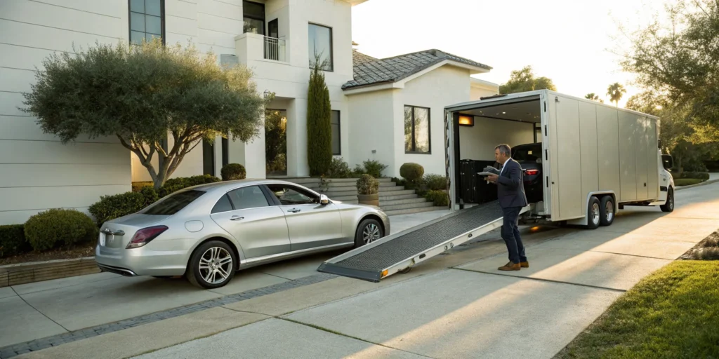 Car loaded onto a transport truck for door to door car shipping in a residential driveway.