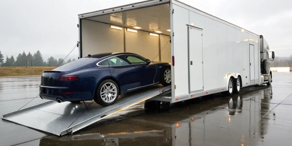 A luxury car is loaded into an enclosed auto transport carrier for secure, protected shipping.