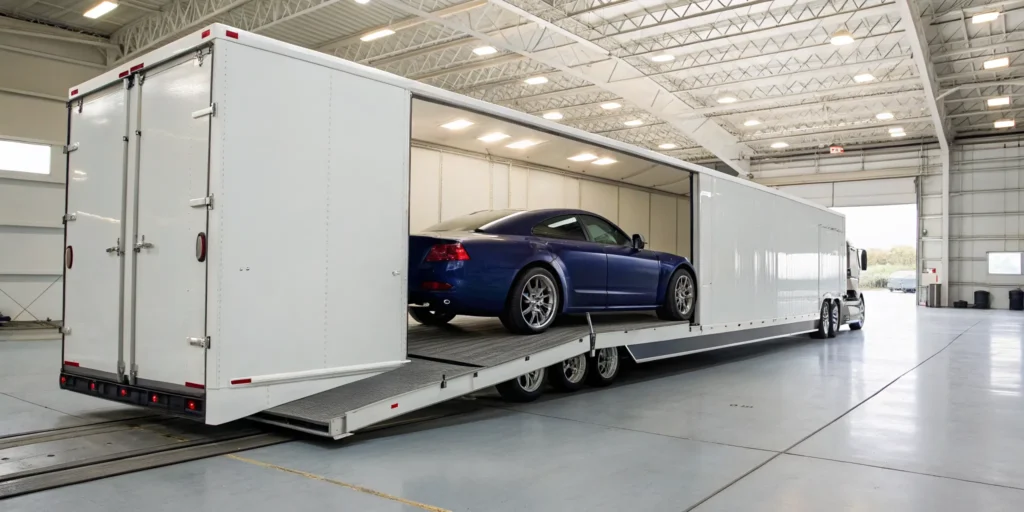 Enclosed carrier loading a blue car for shipping.