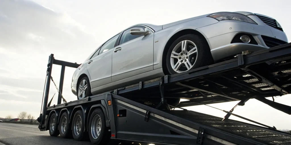 Sedan on an open car transport trailer, a key factor in the cost to ship a car.