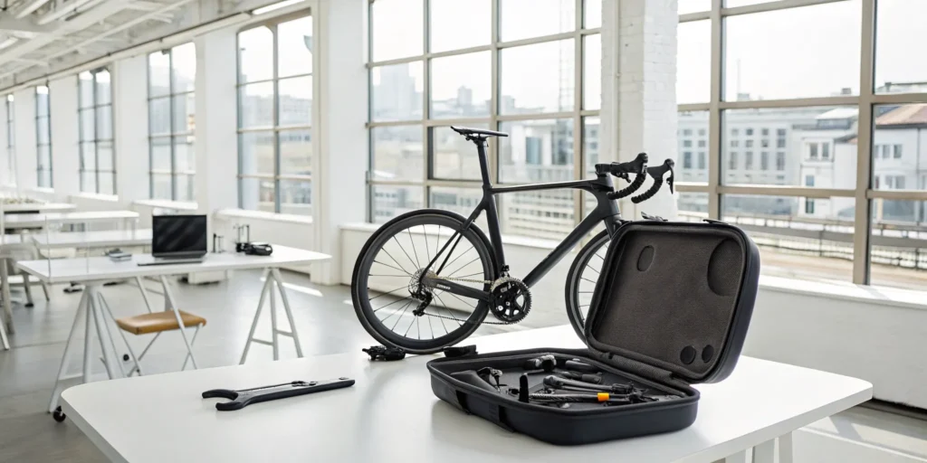 A bike on a workbench with packing materials, ready to be sent with a bike shipping company.