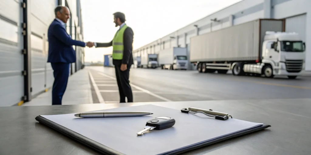 A handshake seals a reliable auto transport deal in front of a car carrier truck.