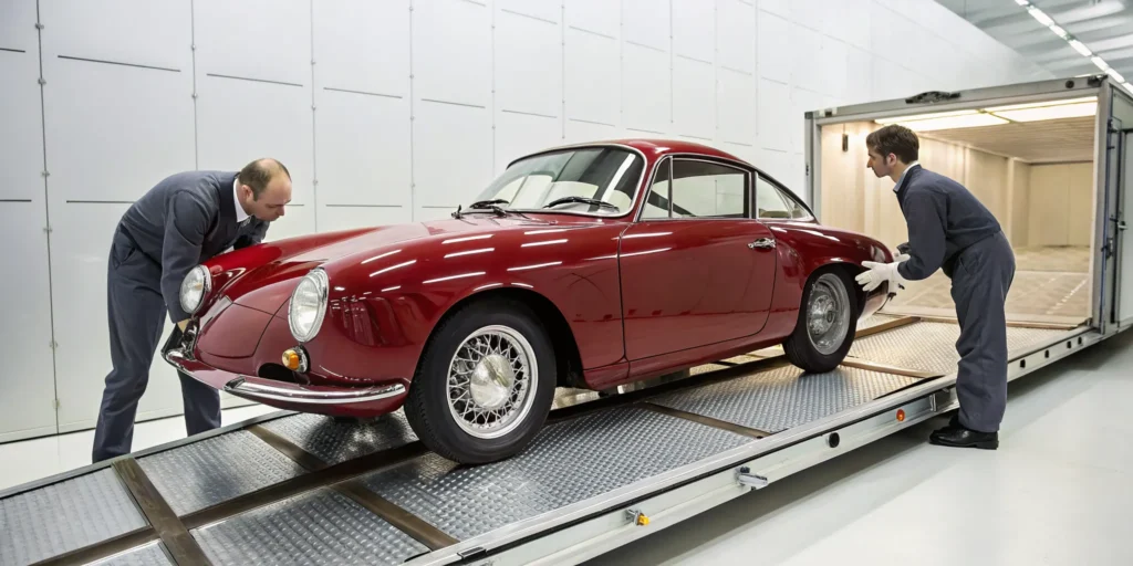 Professionals loading a red collector car into an enclosed transport for safe shipping.