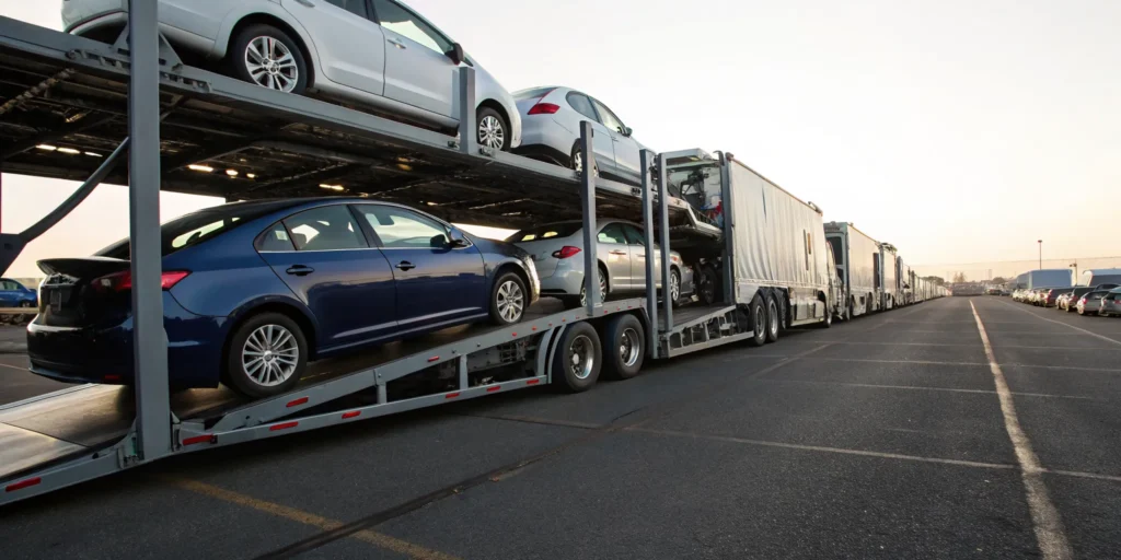 An open transport truck shipping several cars, the cheapest way to ship a car.