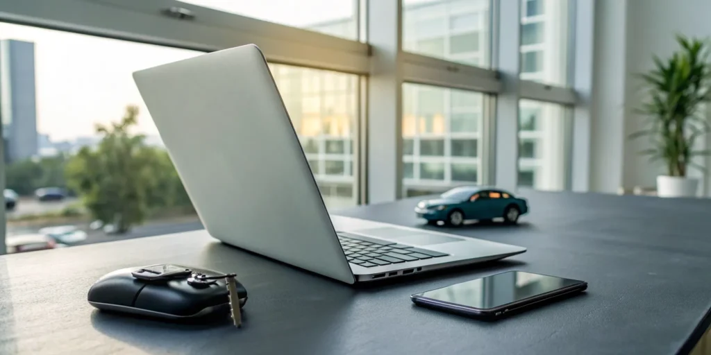 Using a vehicle shipping calculator on a laptop with a car key and phone nearby.