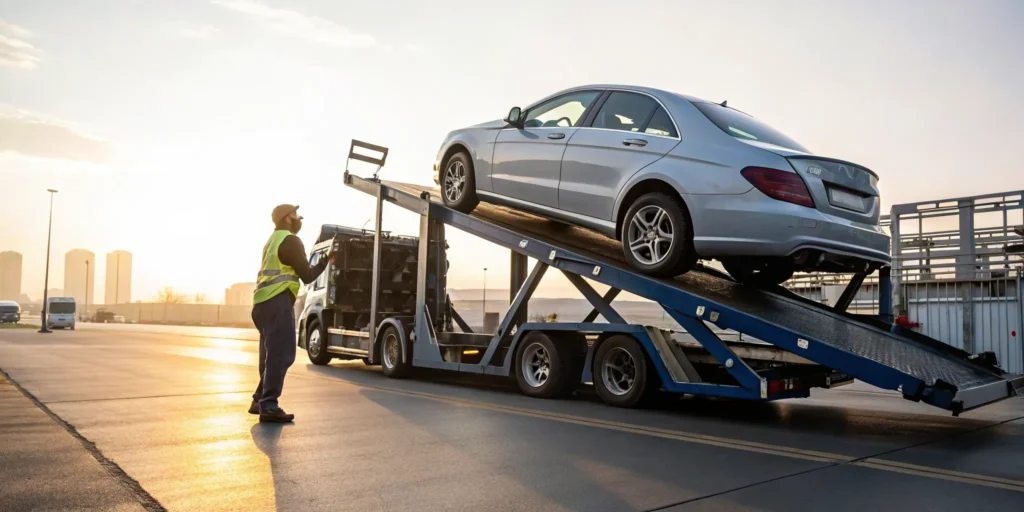 A car loaded onto a transport truck for a Ship a Car Direct auto shipment.