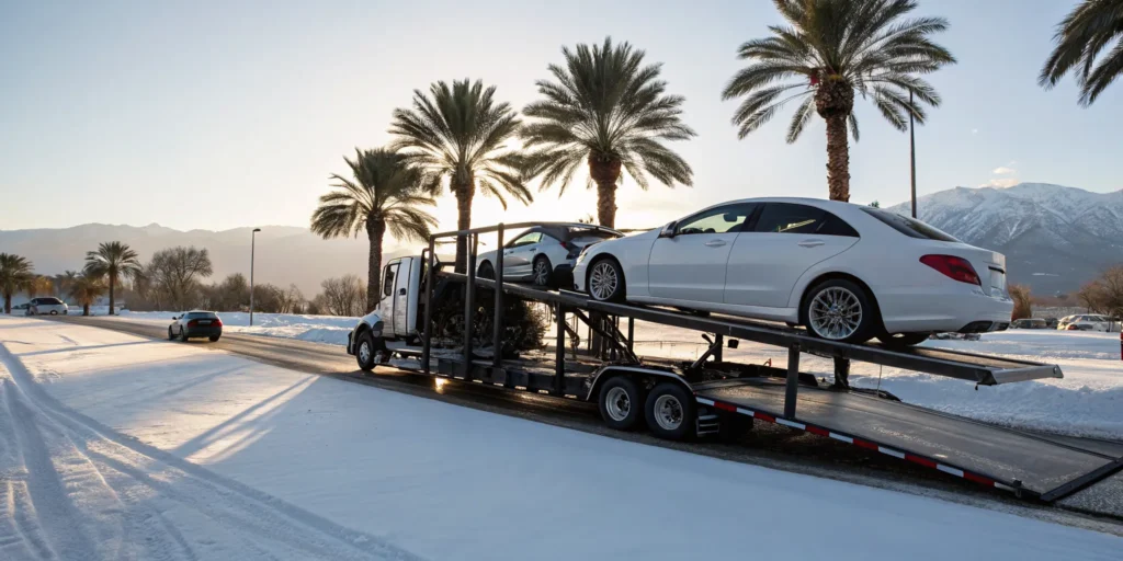 Snowbird auto transport truck moving cars from a snowy road to a sunny destination with palm trees.