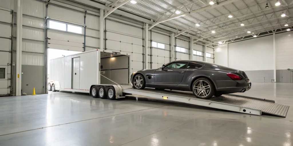 A luxury car being carefully loaded into an enclosed transport for secure shipping.