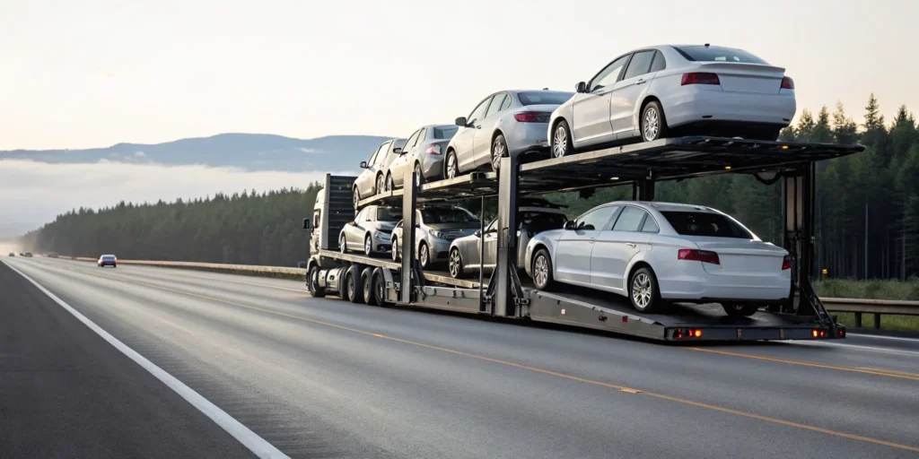 State to state car transport truck carrying vehicles on a highway.