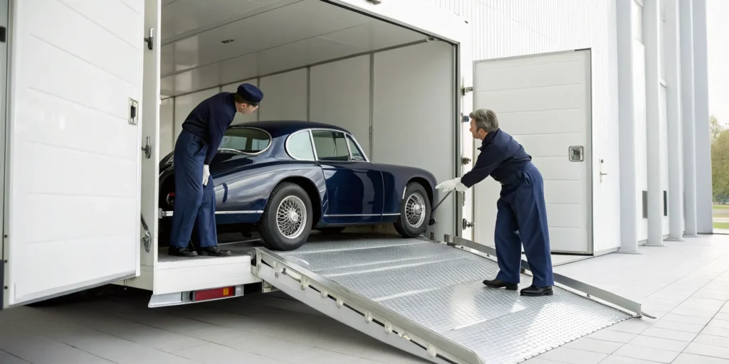 Professional classic car shipping service loading a car into an enclosed trailer.