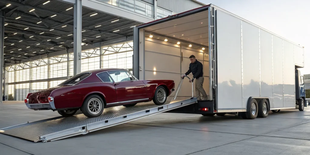A classic car being shipped in an enclosed trailer, a key factor for an accurate quote.