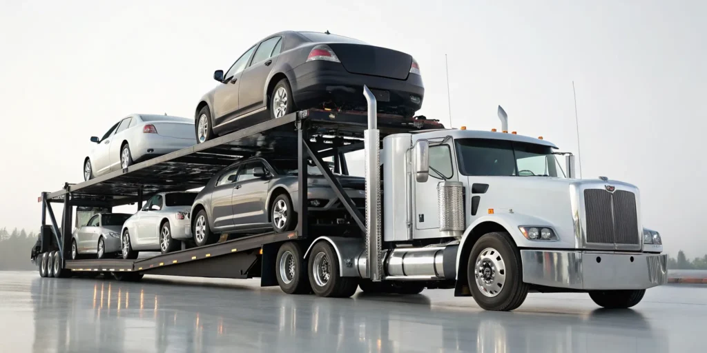 An open car transport truck, the cheapest way to ship a car cross country.