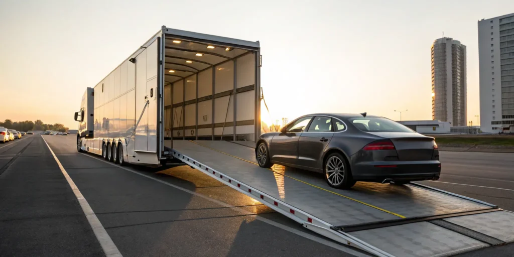 A sedan being loaded into an enclosed trailer for expedited car shipping.