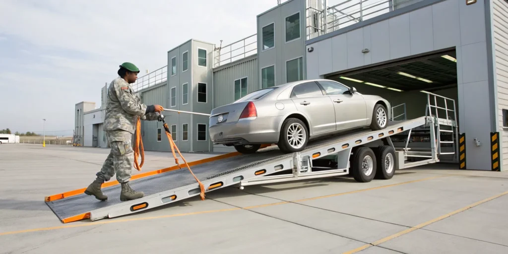 A car is loaded onto a transport truck for a military PCS shipping move.