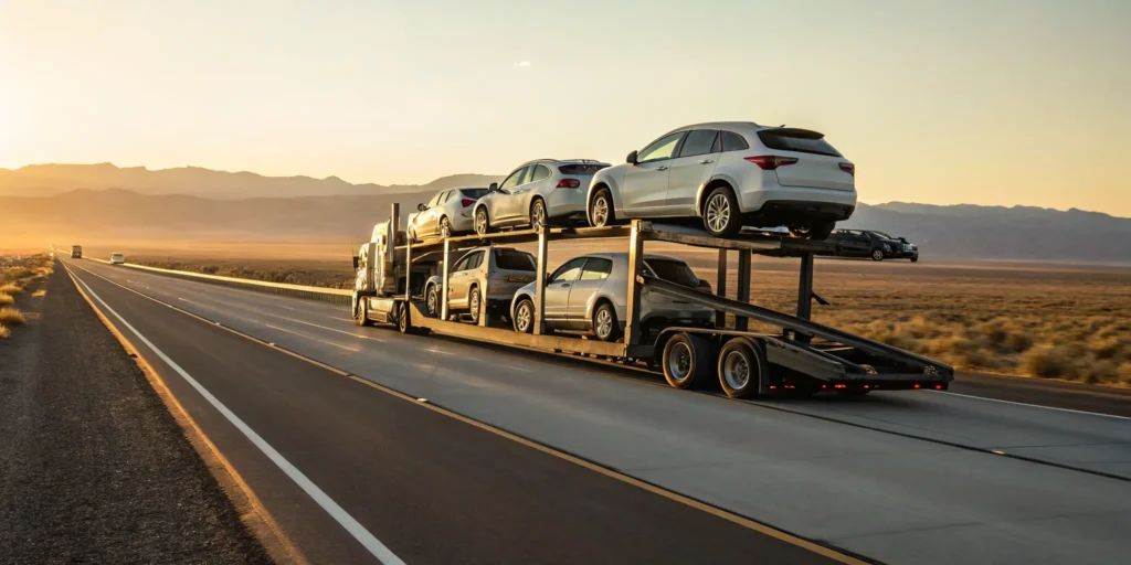 Car transport truck on the highway carrying cars from Texas to Florida.