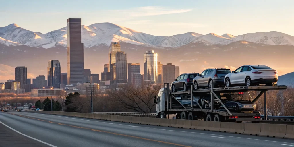 Car shipping carrier on a highway with the Denver skyline and mountains.