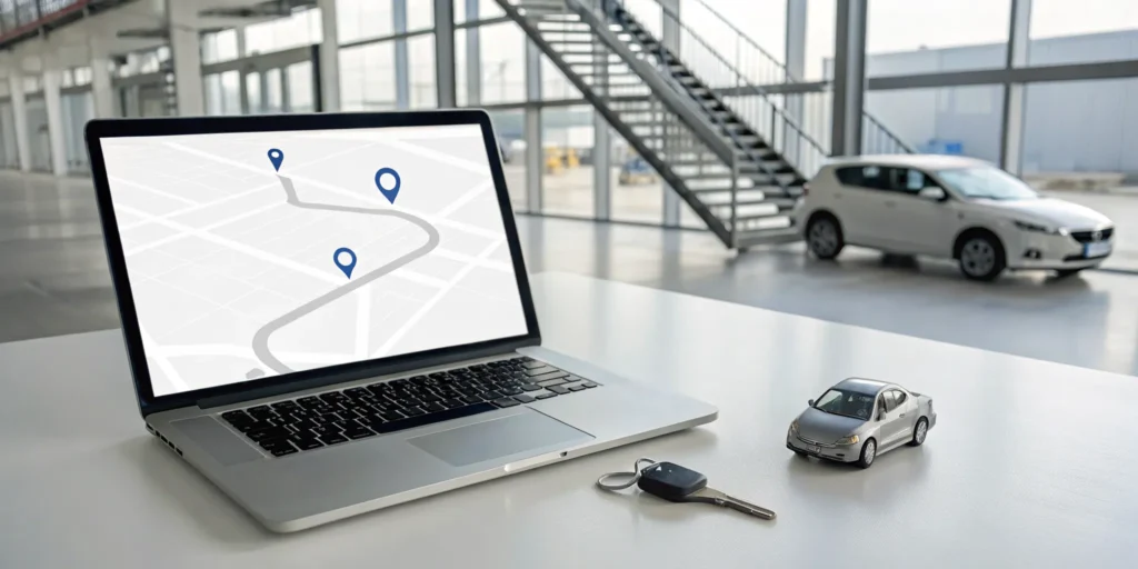 Getting an online auto transport quote on a laptop, with a toy car and keys on the desk.