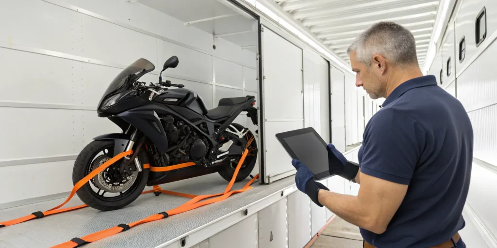 Transporter inspects a motorcycle in an enclosed trailer for a trustworthy shipping quote.