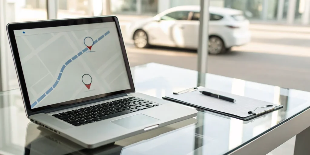 Laptop and clipboard on a desk to get a quote for car shipping.