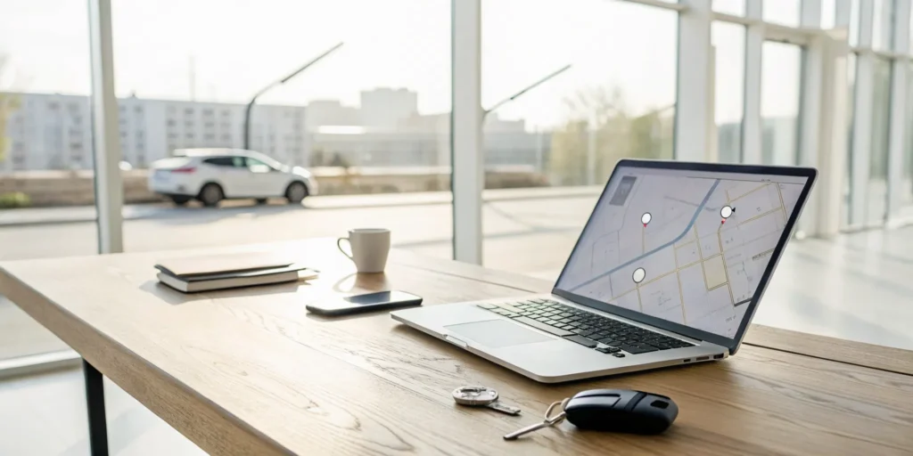 Getting a quote for shipping my car on a laptop with car keys and a phone on a desk.