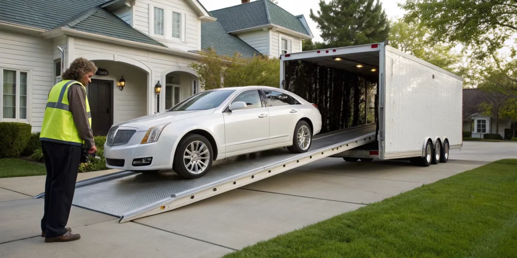 New car being unloaded from an enclosed trailer after being shipped from the dealer.