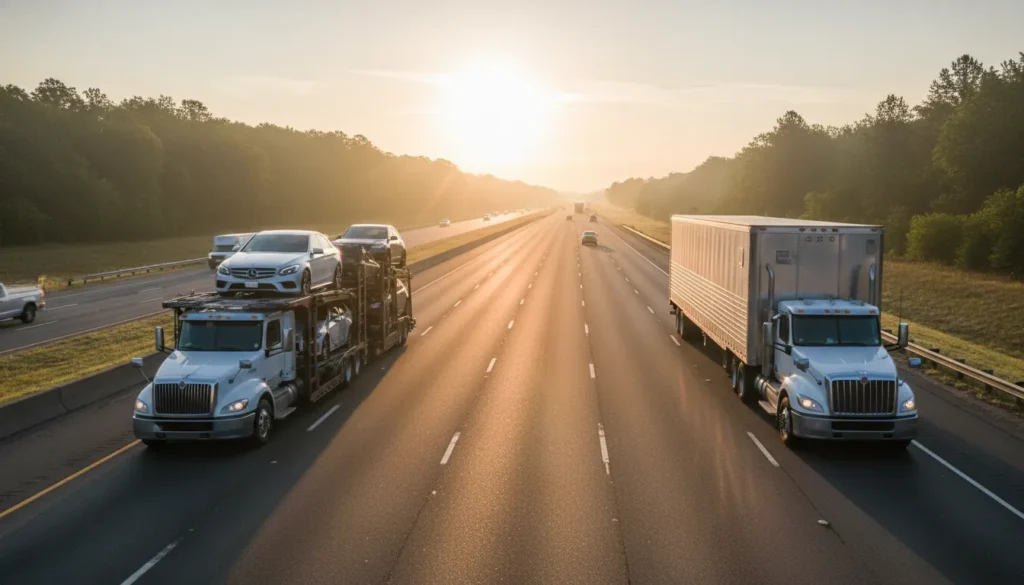 Open and enclosed vehicle carriers on a highway for a Sherpa Auto Transport comparison