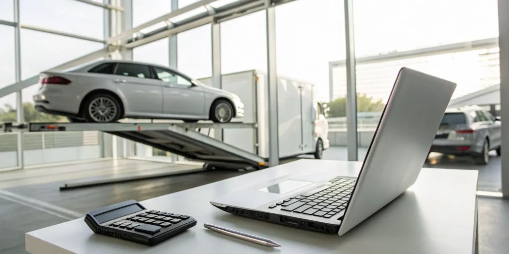 Calculating the cost to ship a car on a transport truck using a laptop and calculator.