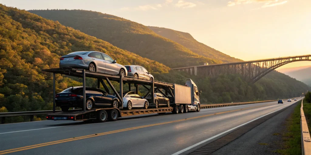 A car shipping carrier transports vehicles on a Pennsylvania highway.