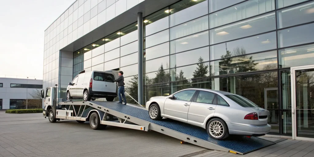 A car is loaded onto a transport truck for shipment from a dealership.