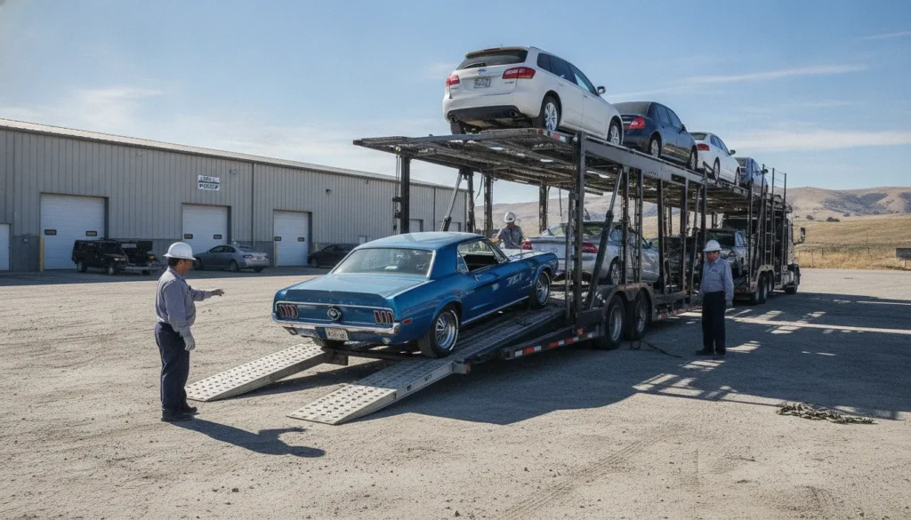 auction car shipping carrier loading a vehicle at pickup