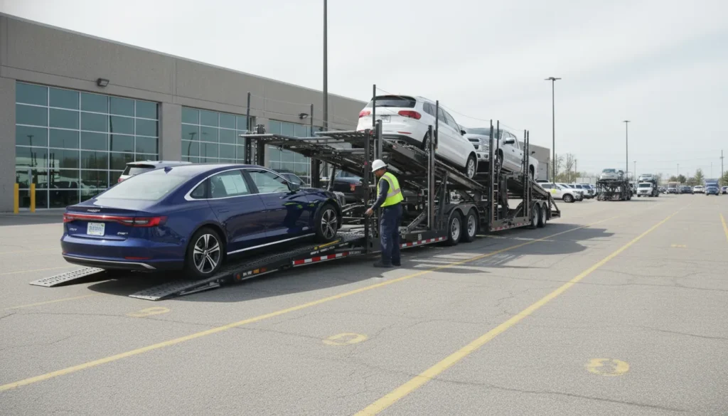Auction car transport carrier collecting a purchased vehicle