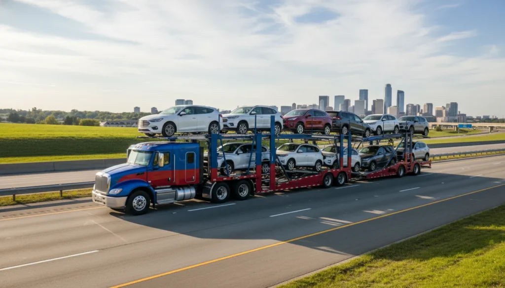 Auto transport broker carrier truck carrying vehicles on a highway