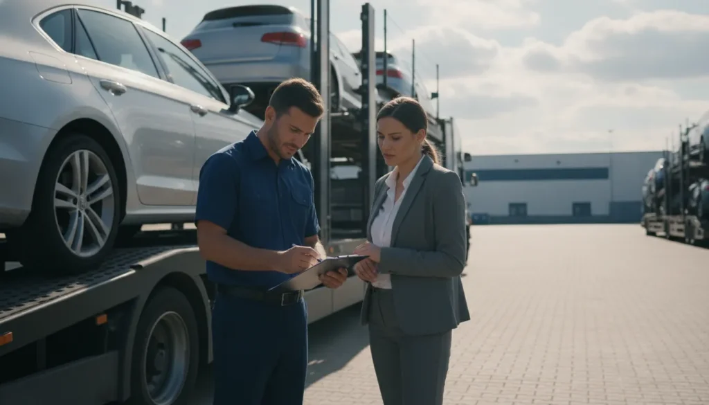 Customer and auto transport driver reviewing a vehicle condition report