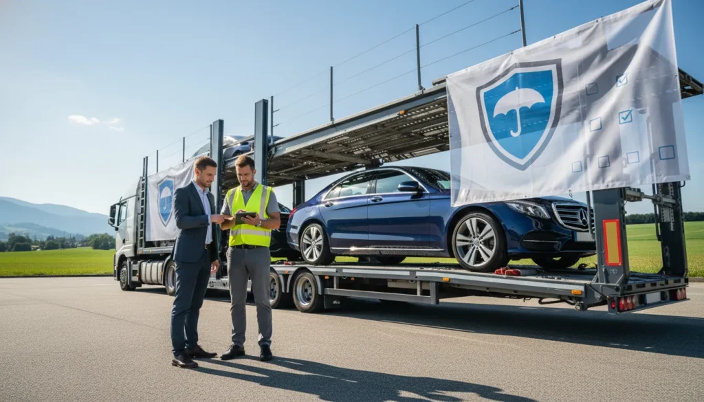 Vehicle owner and carrier driver documenting a sedan for car shipping insurance