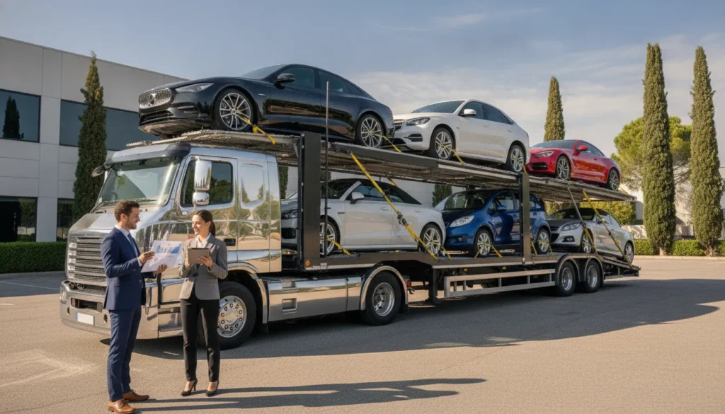 Customer reviewing car shipping payment methods near an auto transport truck