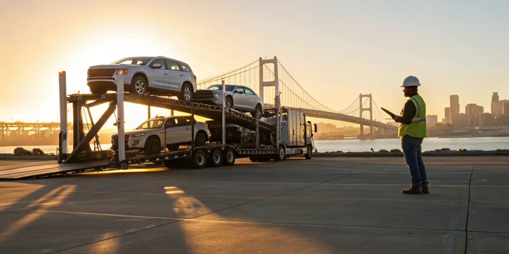 A San Diego auto shipping company transports cars on a large carrier truck.
