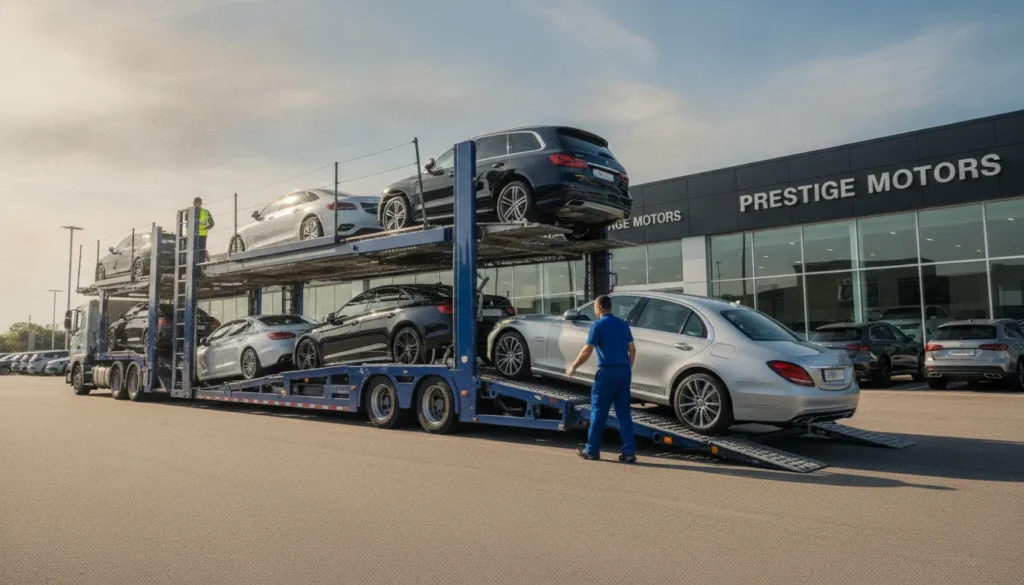 Auto transport carrier loading vehicles at a dealership