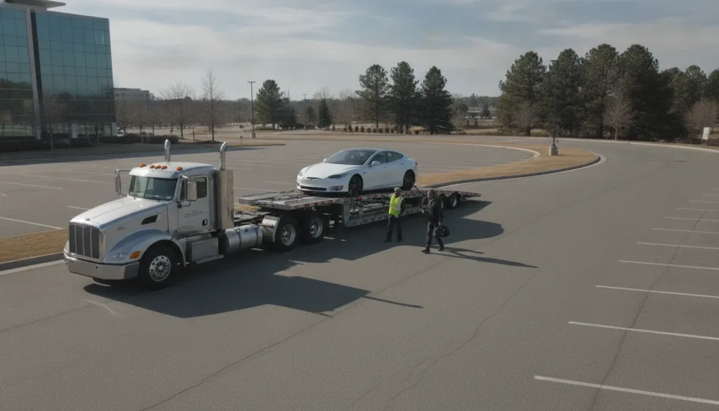 Auto transport carrier at a safe vehicle pickup meeting point