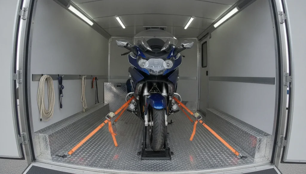 Enclosed motorcycle shipping trailer with a high-value bike secured inside